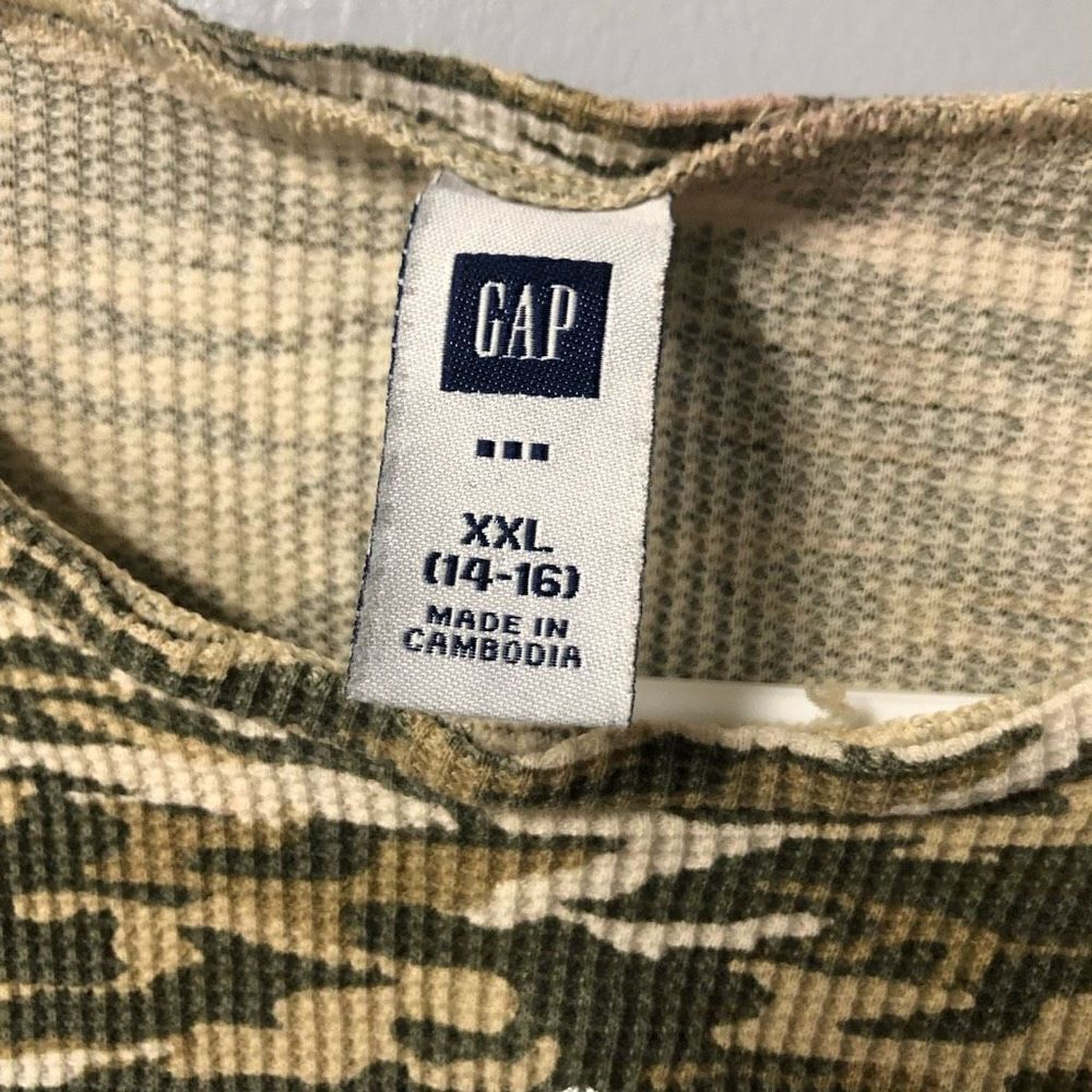 Gap Kids Camo Waffle Knit Thermal Long Sleeve Shirt Crown Logo Green XXL 14-16 - Picture 3 of 9